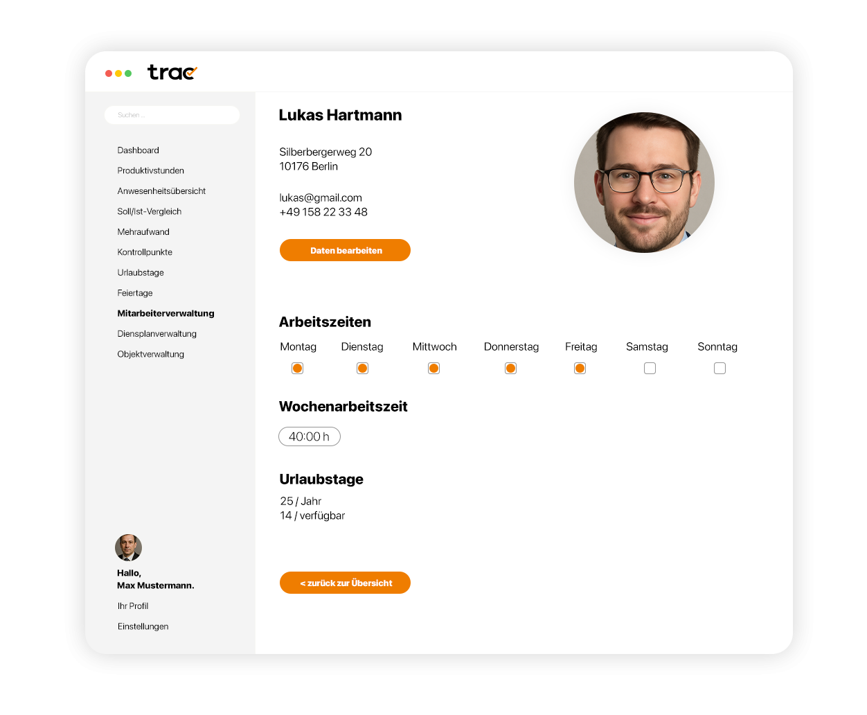 trac digitale Zeiterfassung Fehltage und Urlaub