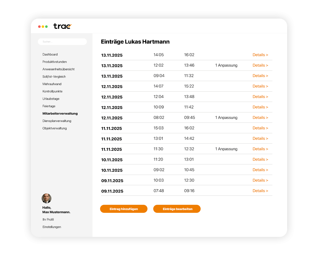 trac digitale Zeiterfassung Fehltage und Urlaub